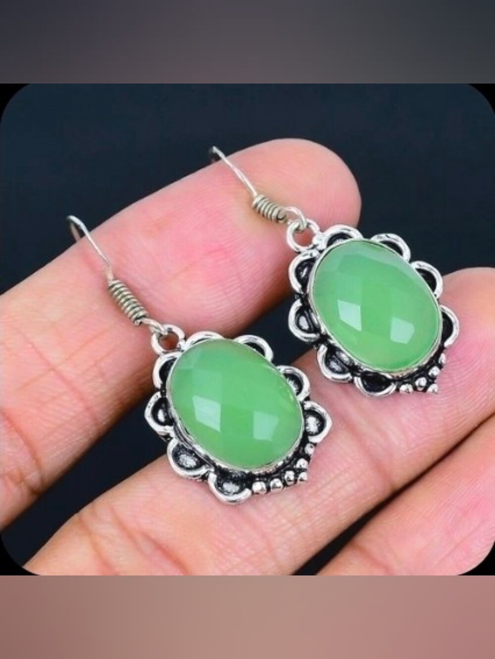 Green Chalcedony Stone 925 Silver Plated Dangle Earrings